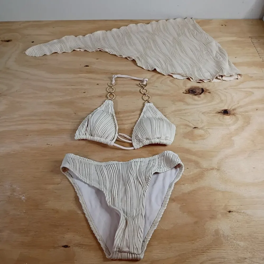 SHEIN Size 14Y Teen 3PC Swimwear Set Cream Textured Bikini & Cover Up Skirt Set